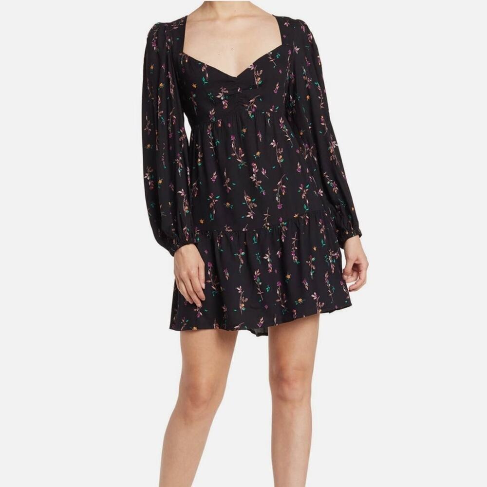 AFRM Channa Boho Black Floral Sweetheart Balloon Sleeve Mini Dress Sz L